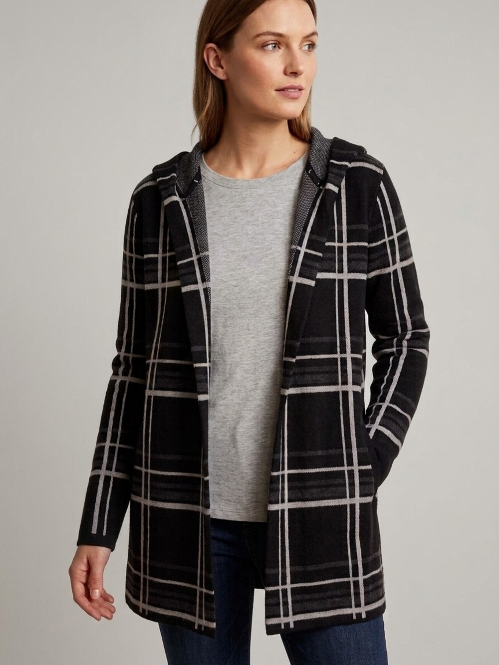 Denver Hayes Black Gray Plaid Hooded Cardigan Jacket M Casual Cabin Cozy Y2K